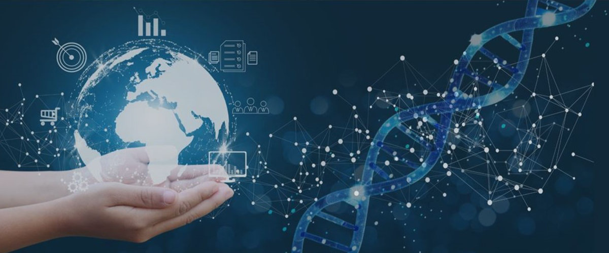 hands holding a vr rendering of the globe in space with a translucent double helix floating nearby. 