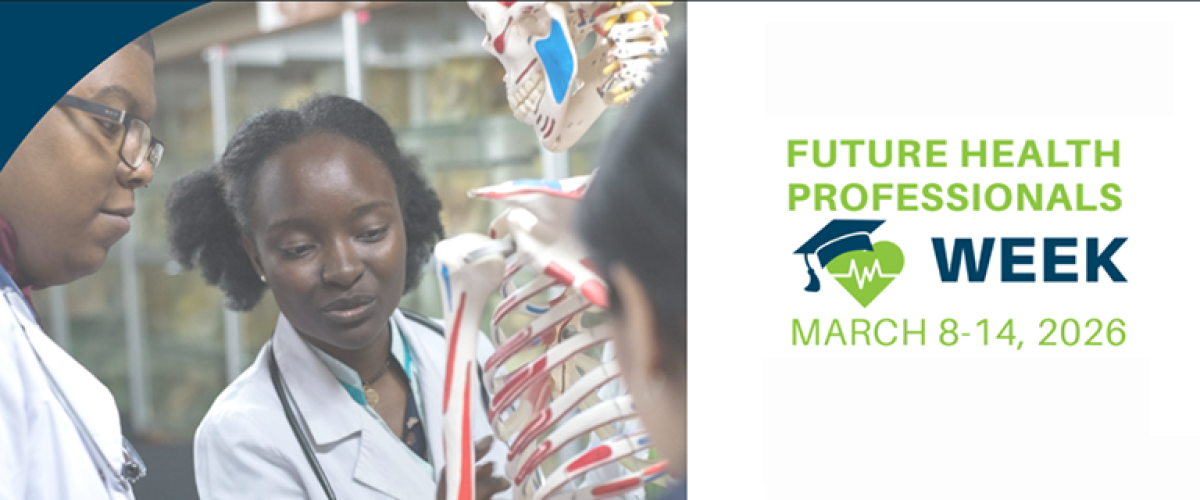 Future Health Professionals Week. Two young students examining a skeleton