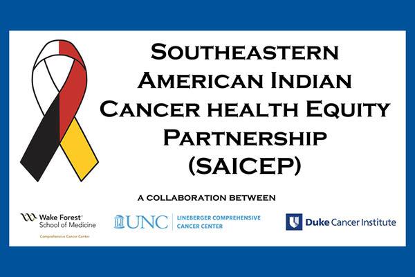 Black, red, white and gold ribbon. Southeastern American Indian Cancer Health Equity Partnership (SAICEP) Logo