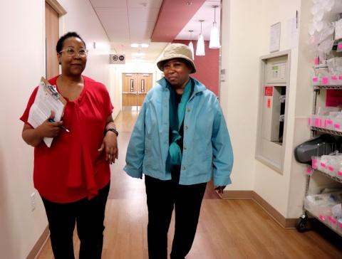 Duke team member Cheryl Robinson (left) with Project Baseline study participant Phyllis Perry (right)