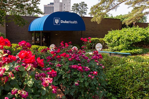 Entrance to a Duke Health Facility with Blue Awning