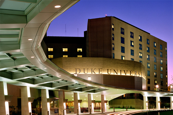 evening view of front entrance of Duke Hospital