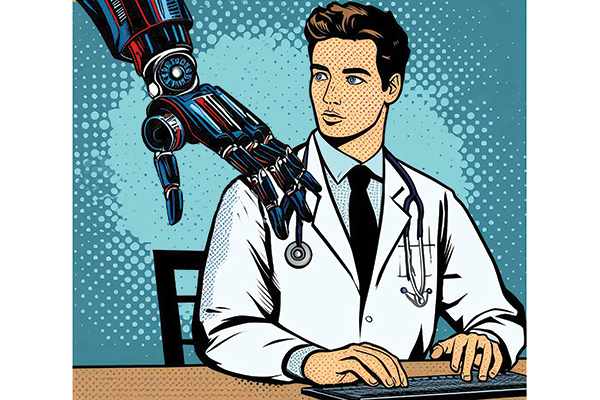 ChatDPT Illustration - Doctor typing with robotic hand on shoulder.