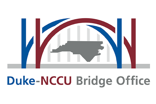 Duke NCCU Bridge office logo. A blue and a red arch over a silhouette of the state of North Carolina.