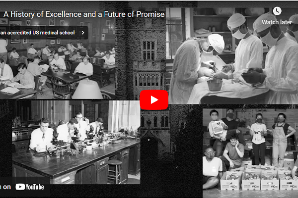 Screenshot of School of Medicine history video. Four black & white photos of past school activities.