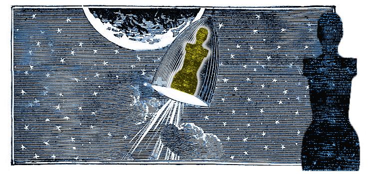 graphic rendering of mannequins going into space