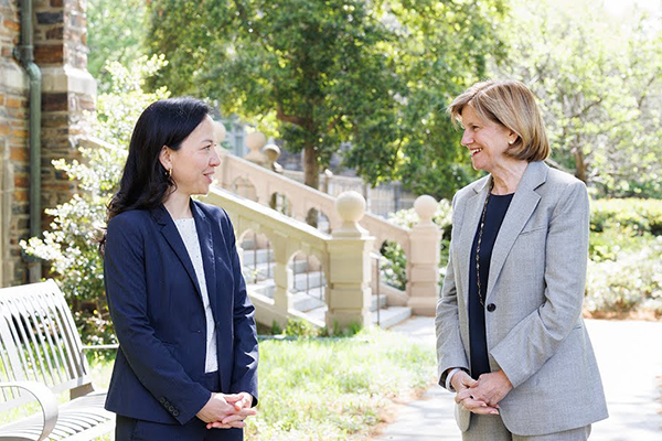 Catherine Liao and Mary Klotman standing together on the Abel Quad