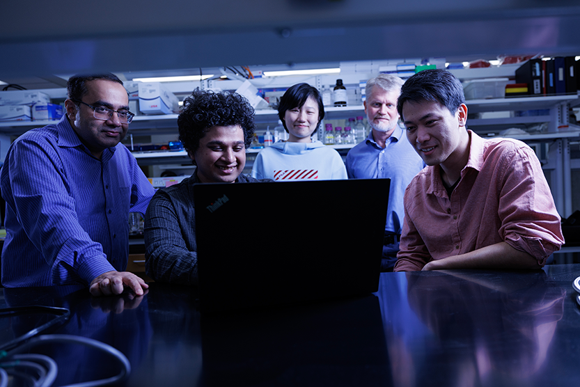 Rohit Singh, PhD, Kapil Devkota, PhD, Joey Mao, Scott Soderling, PhD, chair of cell biology and George Barth Geller Distinguished Professor for Research in Molecular Biology, and Daichi Shonai, 