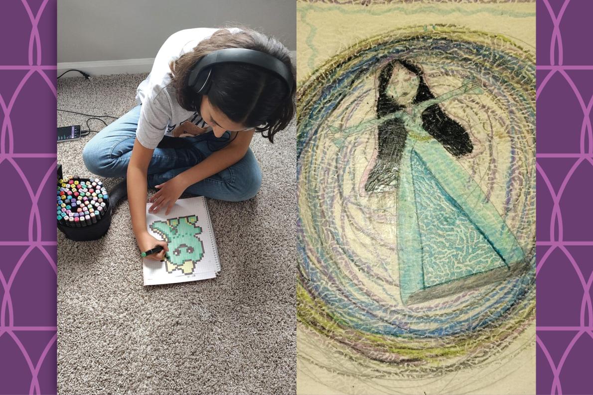 student drawing a picture and a closeup of a drawing