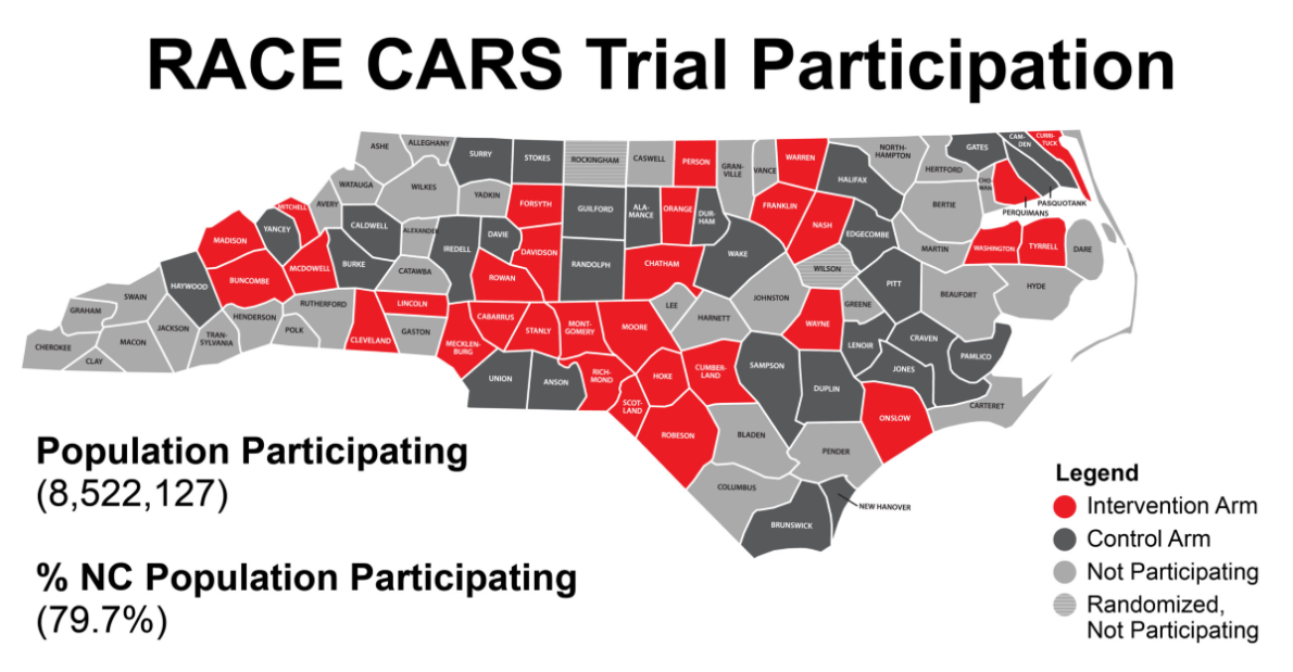 Map of North Carolina counties showing 30 counties participating as part of the Randomized Cluster Evaluation of Cardiac Arrest Systems (RACE CARS) trial, led by Duke cardiologist and researcher Chris Granger, MD. Participants will learn how to provide CPR from volunteer trainers from Duke and volunteers across the state at select locations.  The goal is to train 30,000 people in hands-only CPR in a single day.