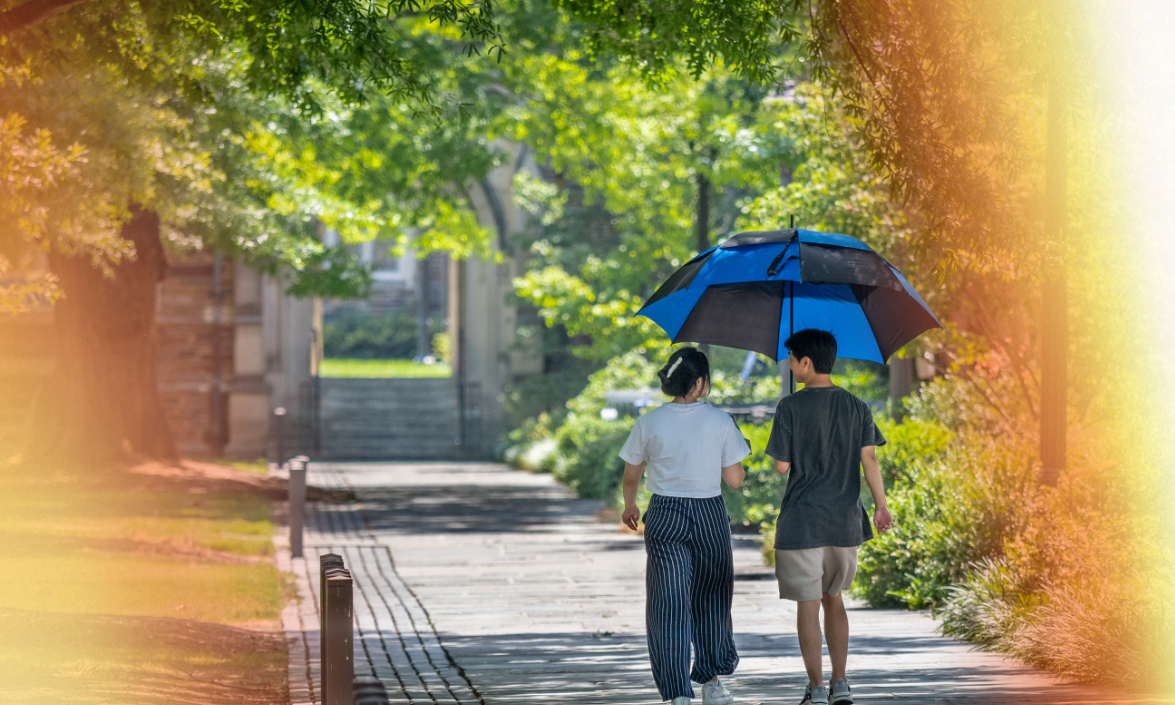 Two people walk down a paved path carrying an umbrella to shield them from the sun