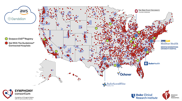 A map of the United States, showing sites of the SYMPHONY consortium