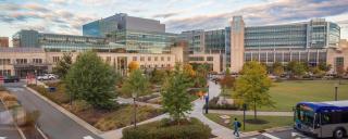 The early morning sun shines on the Duke University Health System Campus: from left, Duke Clinic, Duke Cancer Center and Duke Medicine Pavilion