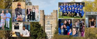 Collage of graduating students overlayed on a photo of the Davison Building. 