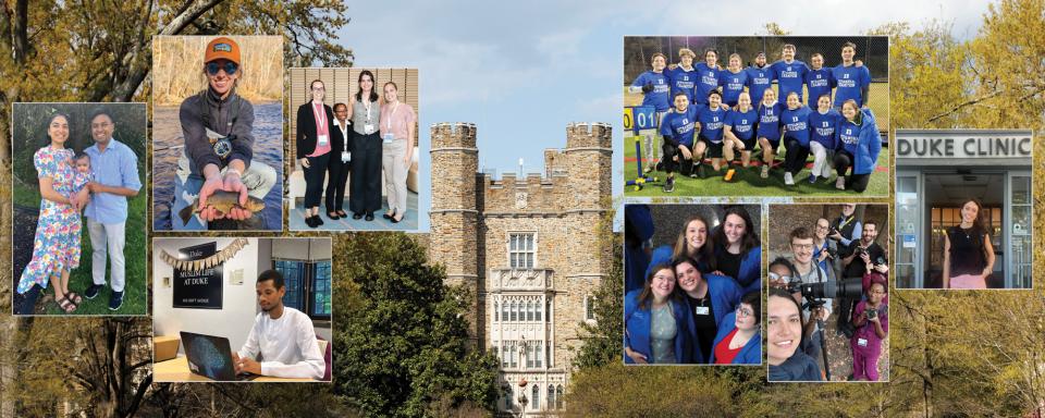 Collage of graduating students overlayed on a photo of the Davison Building. 