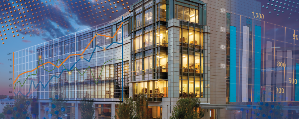 Trent Semans Center with graphs superimposed over the building. 