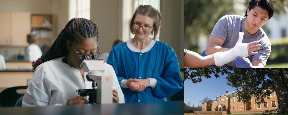 Header collage of student looking in microscop with teacher, student with a cast, and the PA program building