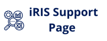 Logo featuring a magnifying glass, a gear, a chart, and an atomic structure on the left, accompanied by the text 'iRIS Support Page' in bold blue letters on the right.