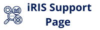 Logo featuring a magnifying glass, a gear, a chart, and an atomic structure on the left, accompanied by the text 'iRIS Support Page' in bold blue letters on the right.