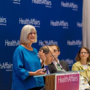 Perri Morgan, Ph.D., PA-C, presents at a Health Affairs press briefing recently. Photo courtesy of Health Affairs