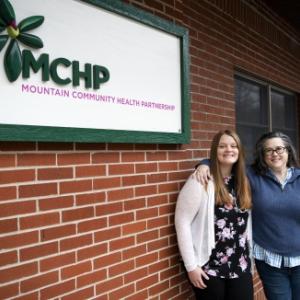 Gina Phillips (right) directs the Phillips Family Foundation, which funds Duke PA student rural health experiences in Bakersville, N.C. Kendra Rumback (left), 2018 Duke PA program alumna, participated in the rotation and now works at the clinic.