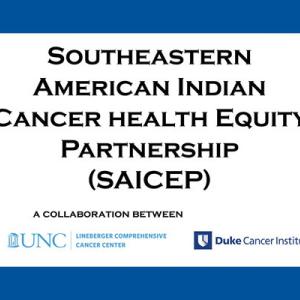 Black, red, white and gold ribbon. Southeastern American Indian Cancer Health Equity Partnership (SAICEP) Logo
