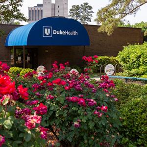 Entrance to a Duke Health Facility with Blue Awning