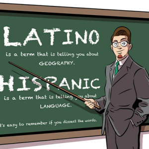 Cartoon of suited and man in front of a chalkboard pointing with a long pointer at the words Latino and Hispanic written on it.