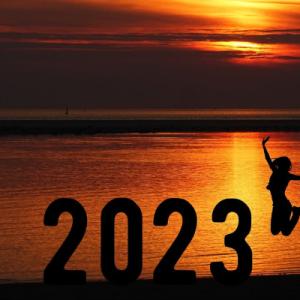 numbers 2023 on a beach at sunset with a person jumping next to them