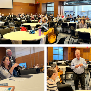 three images: top image: people seated at tables in a conference room; bottom left, woman holding microphone; bottom right, four people talking