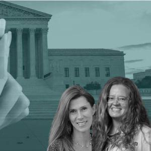 Beverly Allen Gray and Jolynn C Dellinger superimposed over a background of the supreme court building and a woman's hand holding up a pill. 