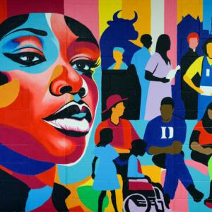 brightly colored mural representing the diverse Durham community. 