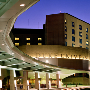 evening view of front entrance of Duke Hospital