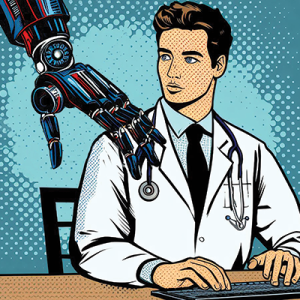 ChatDPT Illustration - Doctor typing with robotic hand on shoulder.