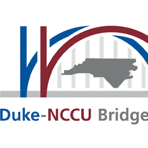 Duke NCCU Bridge office logo. A blue and a red arch over a silhouette of the state of North Carolina.