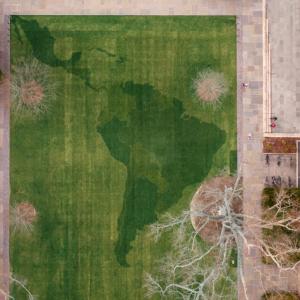 composite of map of Latin America on quad lawn