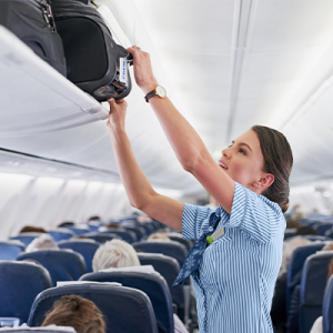 flight attendant pulling a bag down from an overhead bin