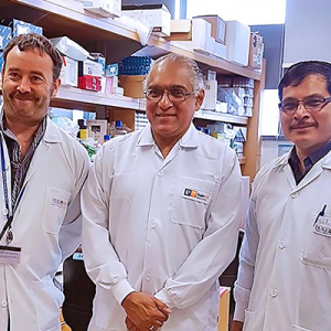 The research team, led by Professor Soman Abraham (centre), included co-first authors Andrea Mencarelli (left) and Pradeep Bist