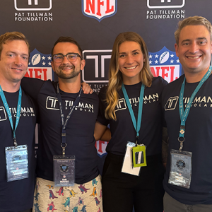 2024 Duke Tillman Scholars Matthew Morris, Elle Hepburn Reason, and James White join 2022 Scholar Tom Murphy at the Pat Tillman Leadership Summit in Chicago.  