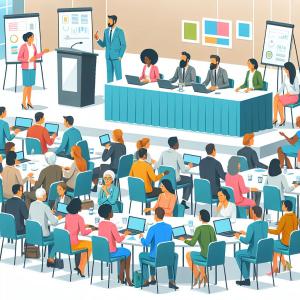 A man and a woman presenting to a diverse group of adult learners with a panel of speakers at the front of the room