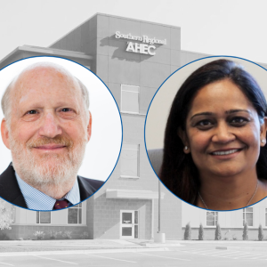 Marvin Swartz, MD, professor of psychiatry and behavioral sciences and Duke AHEC director, and Sushma Kapoor, MD, president, CEO, and designated institutional officer of Southern Regional AHEC. Background: SR AHEC building.