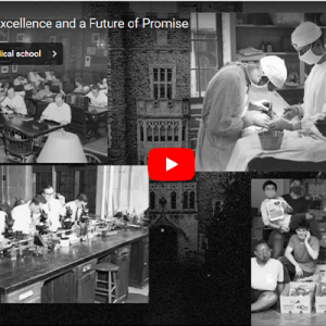 Screenshot of School of Medicine history video. Four black & white photos of past school activities.