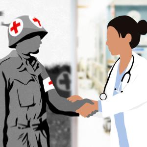 An illustration showing a medical professional in a white coat clasping hands with a solder wearing a badge and helmet with the insignia of the Red Cross