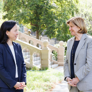 Catherine Liao and Mary Klotman standing together on the Abel Quad