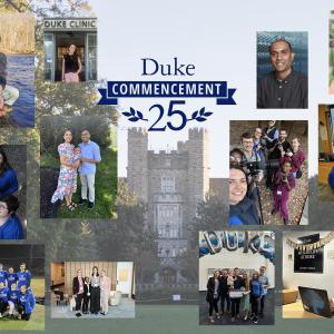 collage of graduating student headshots superimposed over an image of the Davison Building. 