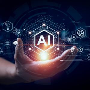 Illustration of a hand holding an illuminated AI logo