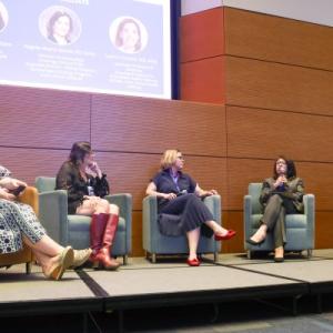 Xiomara Monon Boyce second from right, speaks during a panel discussion with Samantha Cauthorn, left, Angeles Alvarez Secord, Leonor Corsino, and Christian Péan during ¡DALHE!’s Hispanic Heritage Month celebration. 